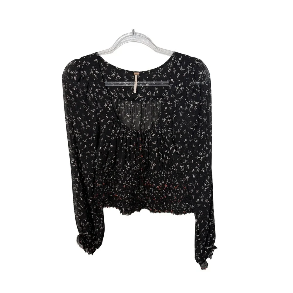 Free People Floral Smocked Crop Top Womens L Black Long Sleeve Chiffon Blouse